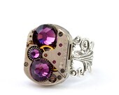 Steampunk Ring - Vintage Clockwork Boldly bejeweled With Beautiful Purple Amethyst Swarovski Crystals - Steampunk Jewellery PROMPTLY SHIPPED