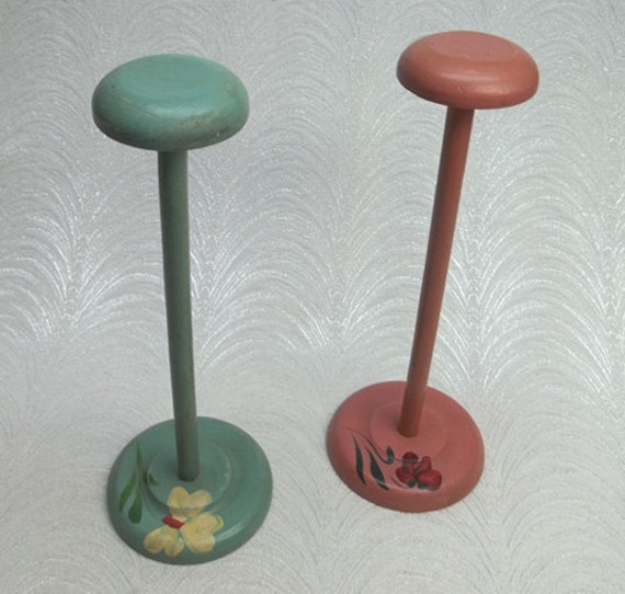Pair Vintage Wooden Hat Display Stands w Hand Painted
