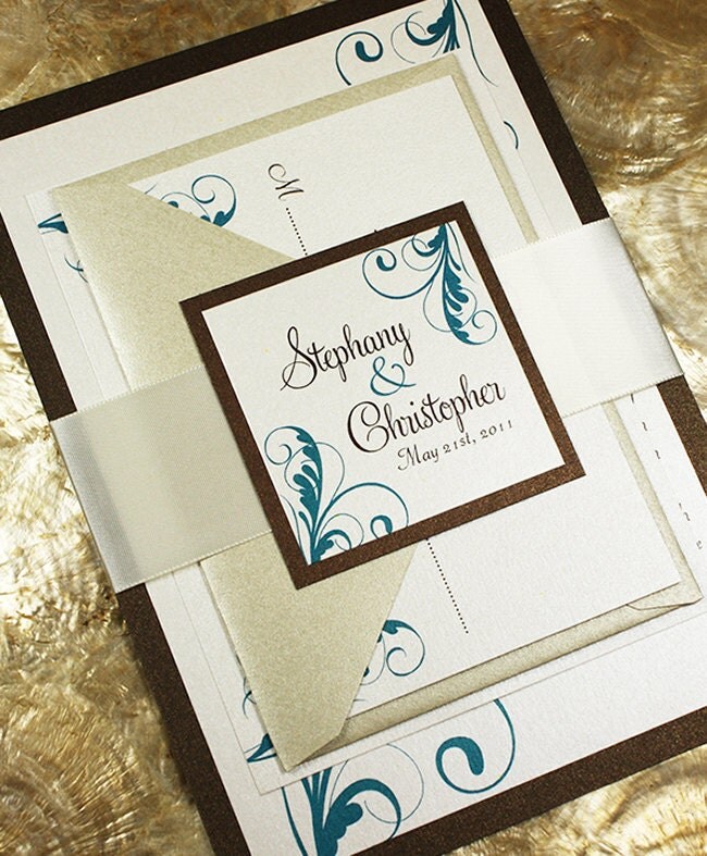 Brown ribbon wedding invitations