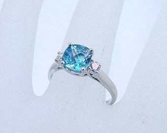 AAAA Swiss Blue Topaz 1.70 Carats Diamond 14K white gold ring 0726