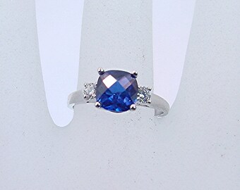 AAAA Blue Sapphire Diamond Lab Grown Cushion cut 1.71 Carats 14K white gold ring 0728