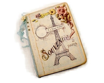 Paris Travel Journal, Paris Flea Market, Honeymoon Scrapbook Souvenir, Mini File Folder French Journal with Pockets