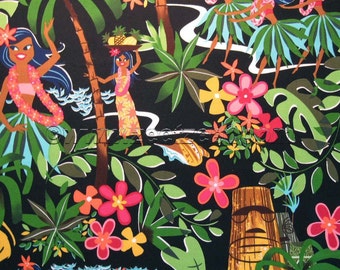 LEIS, LUAUS, and ALOHAS Black Hawaiian Hula Fabric Alexander Henry Quilt Fabric - by the Yard Aloha