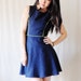 Navy Blue Skater Dress with Neon Piping - Sleeveless, Half Circle Skirt - S