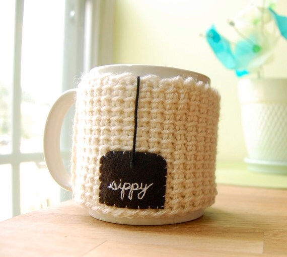 Sippy Tea Mug Cozy White Crocheted Cup Cosy