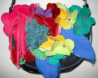 Handmade black Bouquet Saddle Bag with Rainbow flowers