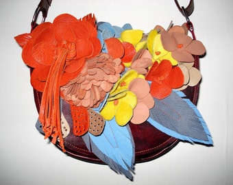 Handmade Bouquet Saddle Bag in burgundy leather with summer bouquet