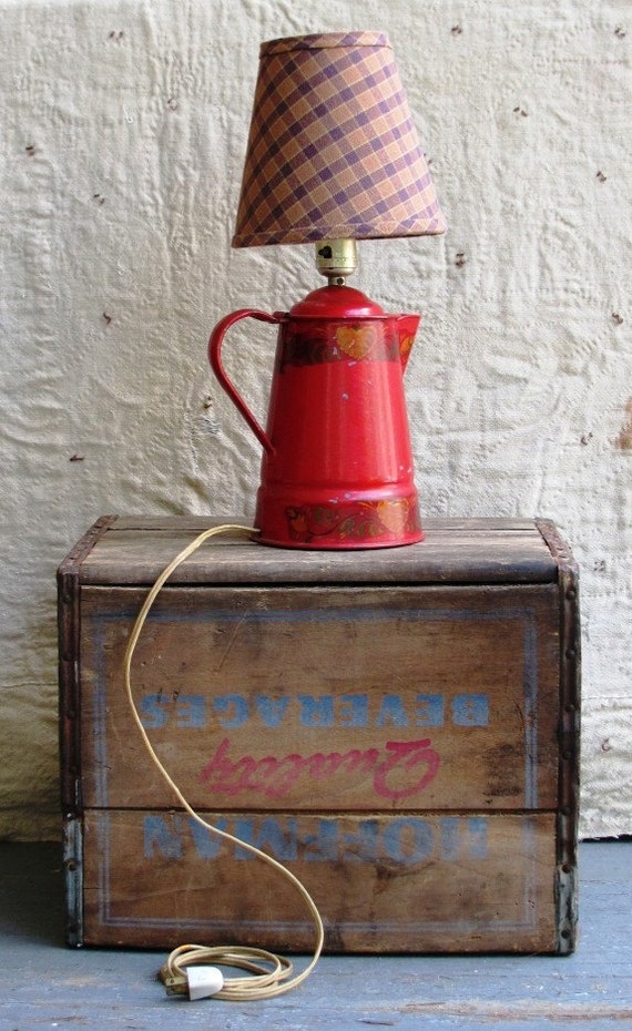 GOOD MORNING SUNSHINE Vintage Red Tin Coffee Pot Lamp