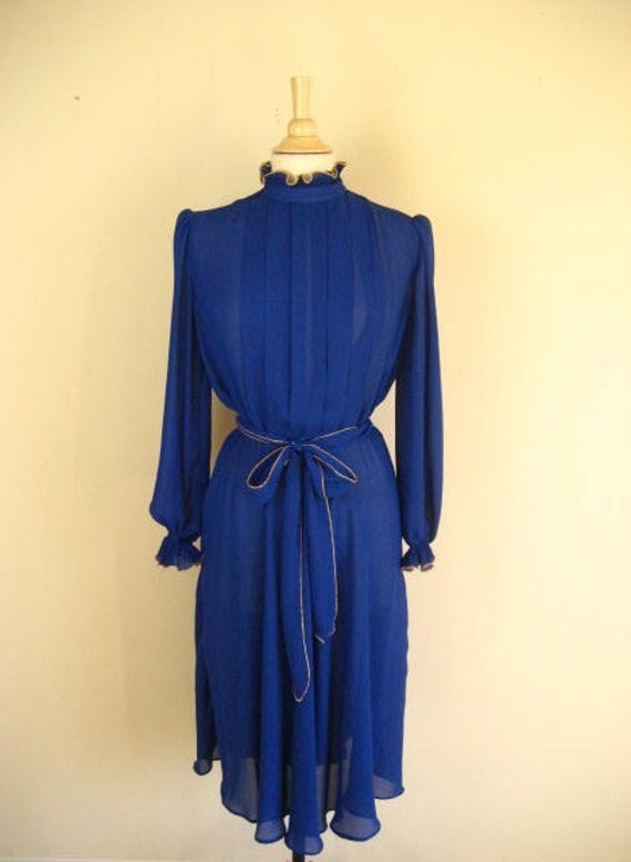 Vintage Royal Blue and Gold Long Sleeve Dress with Belt Size
