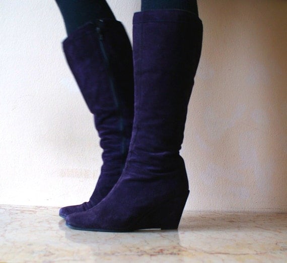 Deep Purple Suede Tall Wedge Boots 9