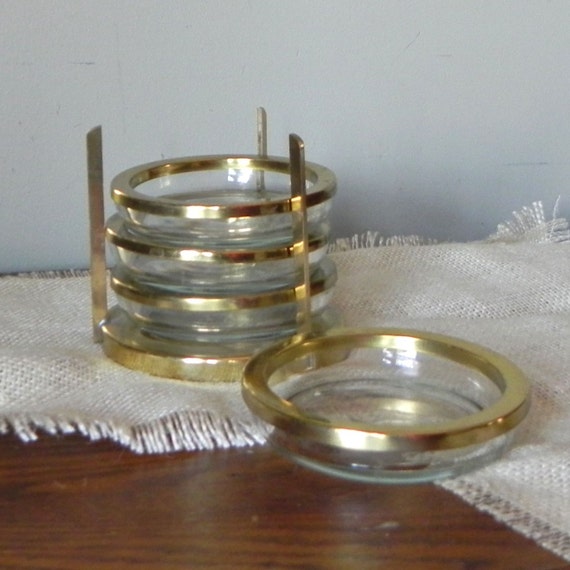 Vintage drink coasters brass and glass four