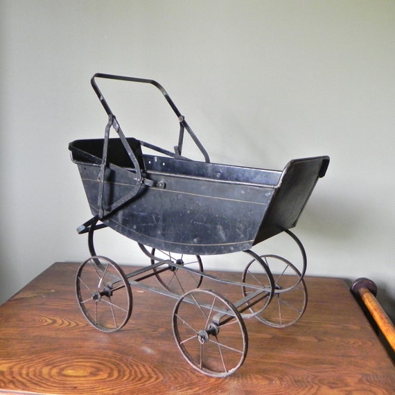 Vintage Metal Doll Buggy Stroller Photo Prop Antique Black Toy