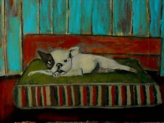 12x12 Original Acrylic Painting Dog Portrait, animal, bed, blue walls, French BullDog Grumpy Dog