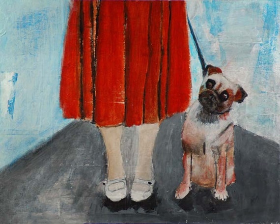 Original Acrylic Painting - Woman walking her dog Morning Walk Orange, animal, blue sky