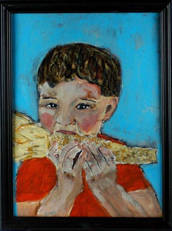 Acrylic Portrait Painting Little boy eating corn on the cob - original, 9x12, red, blue, yellow