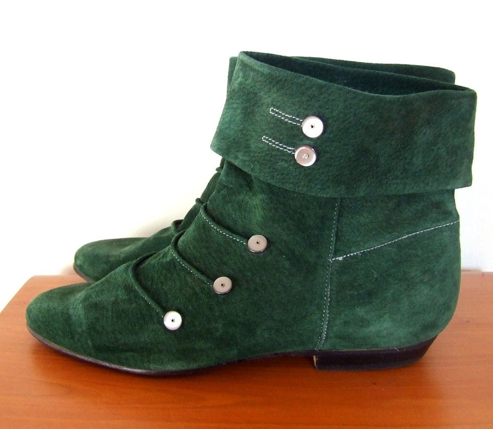 Vintage 80's Emerald Green Suede Flat Ankle Boots size 9