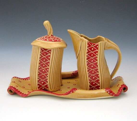 Unique Sugar and Creamer Set with serving tray