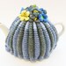 Knitted Tea Cosy - Shades of Blue with Knitted Flowers