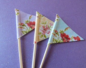 Cupcake Flags - 12 Fabric Summer Picnic Floral Cake Toppers