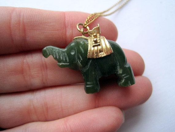 Vintage Elephant Pendant Carved Jade and Gold