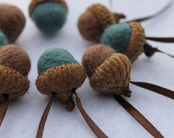 Wool Needle Felted Acorn Ornaments Mocha & Turquoise Blue