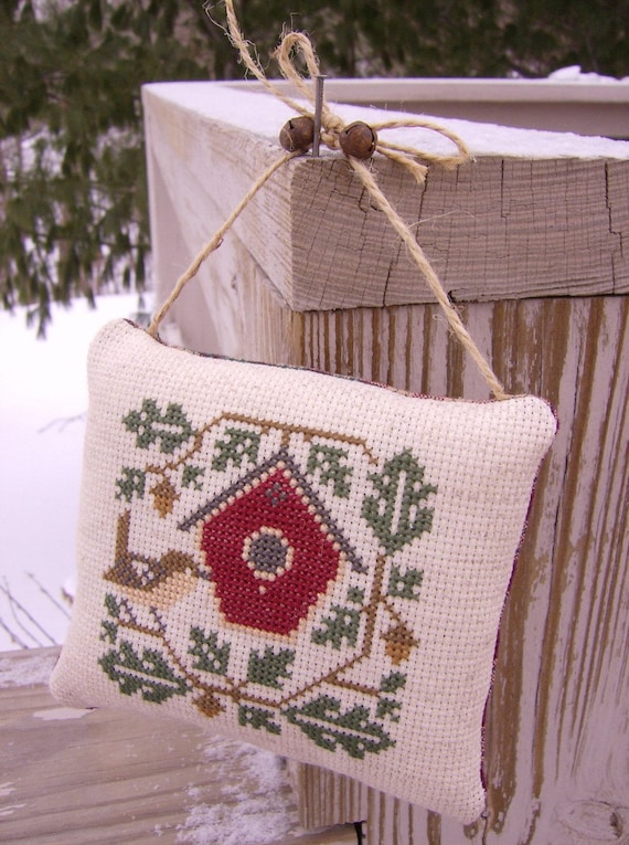Cross Stitch Ornament/Door Hanger Wren & Bird House Home Decor