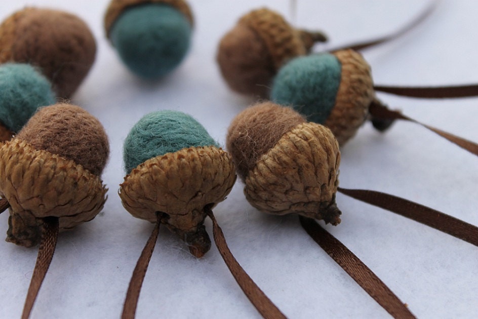 Wool Needle Felted Acorn Ornaments Mocha & Turquoise Blue