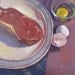 Kitchen art oil painting "Steak and Eggs no.2" by Sarah Sedwick 10x10in
