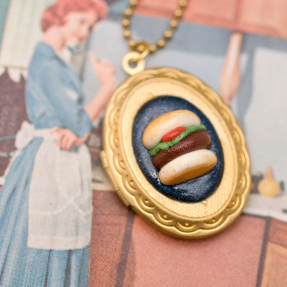 Locket Necklace - Hamburger or Veggie Burger with Lettuce and Tomato Handmade by Roscata