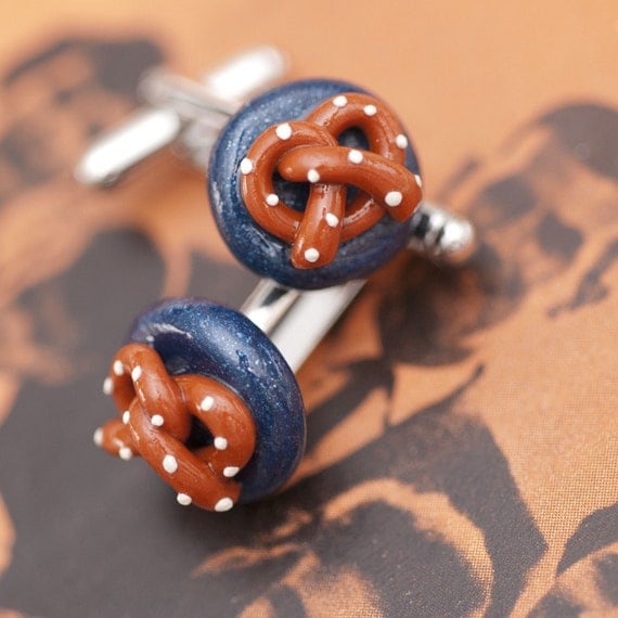 Cufflinks - Oktoberfest German Salted Pretzel on Midnight Blue Cameos Handmade by Roscata