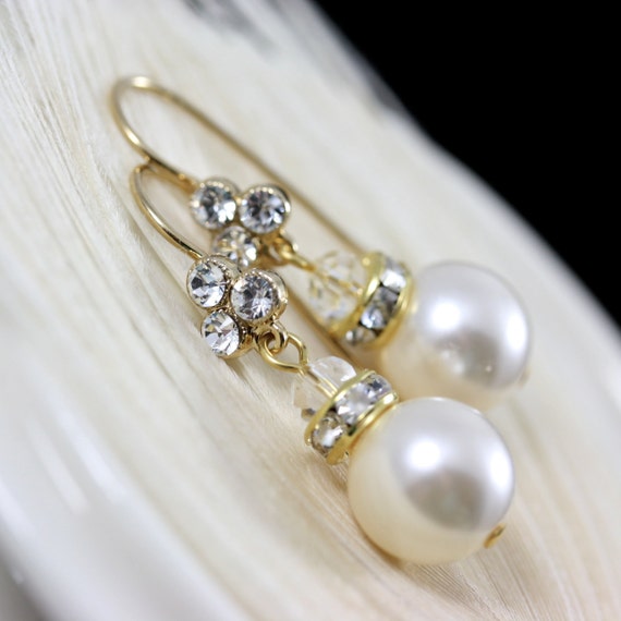 Small Gold Bridal Earrings Pearl Wedding Earrings Crystal Ear