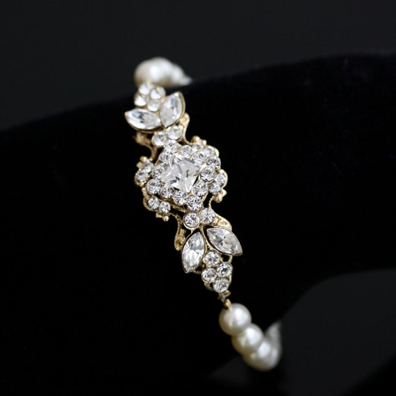Pearl Bridal Bracelet Gold Wedding Bracelet Rhinestone Bridal Bracelet Swarovski Pearl White Ivory Vintage Wedding Jewelry KATRINA