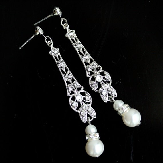 Wedding Earrings Long Art Deco Dangle Earrings White Pearl