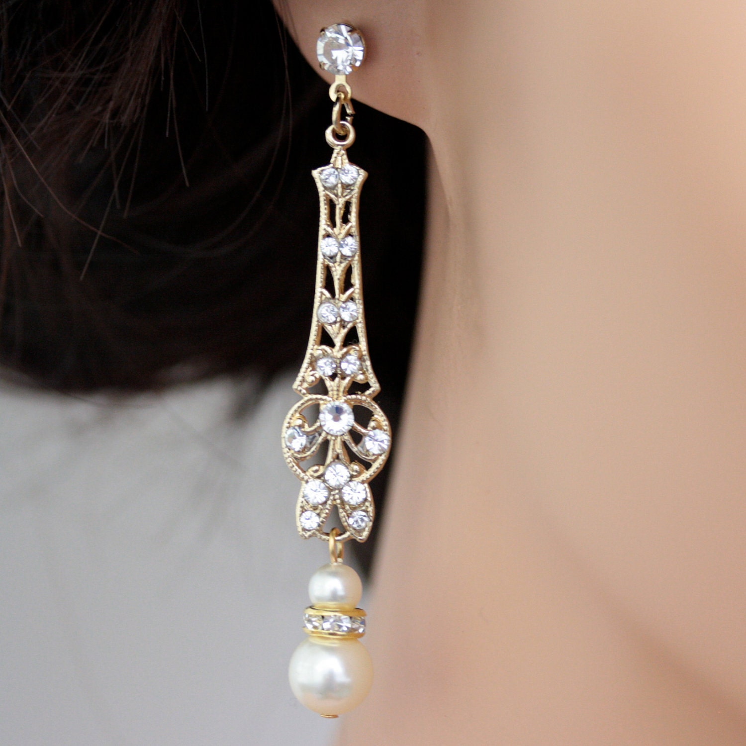 Gold Bridal Earrings Long Pearl and Rhinestone Filigree
