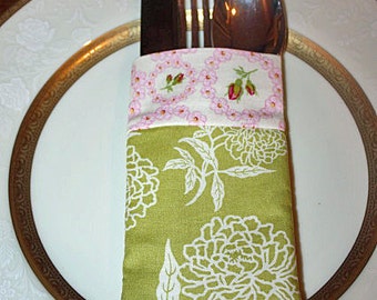 Utensil Flatware Silverware Holder Pouch Green Pink Floral Fabric