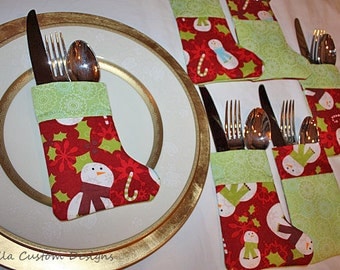 Christmas Holiday Stocking Silverware Holder Snowman Green Red Fabric