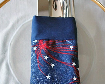 Utensil Silverware Holder Pouch Reusable July 4th Red White Blue Fireworks Fabric