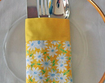Silverware Utensil Pouch Holder Reusable Yellow White Daisies Fabric
