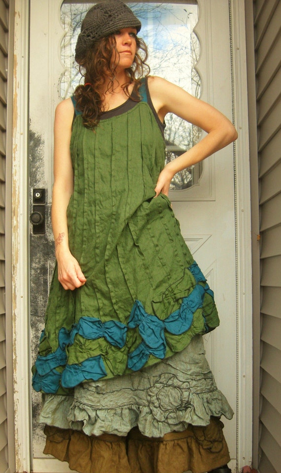 Green and Teal Linen Petals Dress L