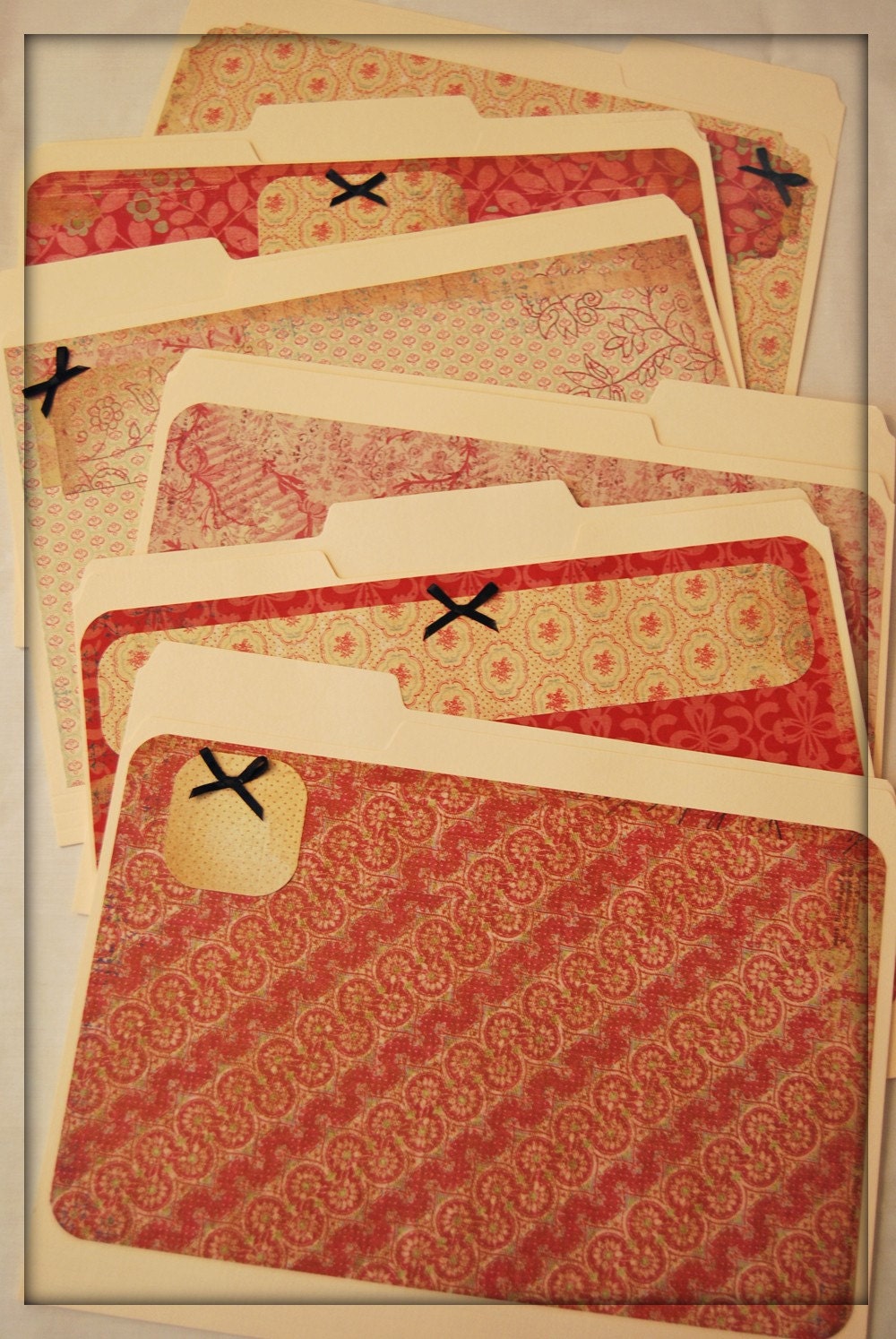 Set of 6 Decorated File Folders Old World reds and greens