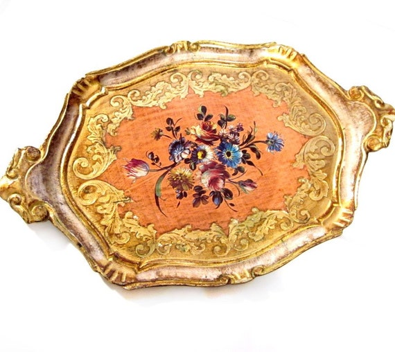 Vintage Wood Florentine Italian Gold Gilt Tray Tole Painted