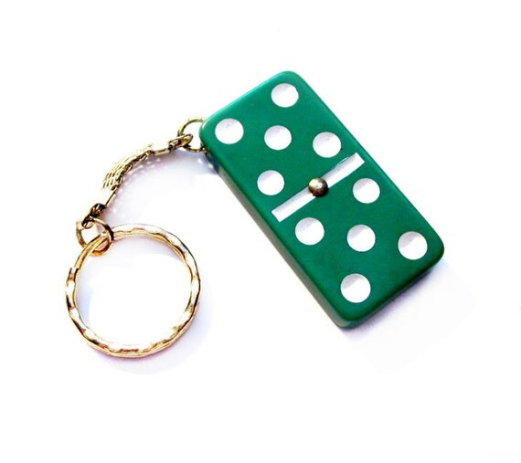 Vintage Key Chain / Green Plastic Domino Tile Gold Metal Key
