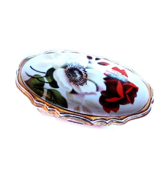 Vintage Ceramic Porcelain Top Flower Lipstick Holder Mirror