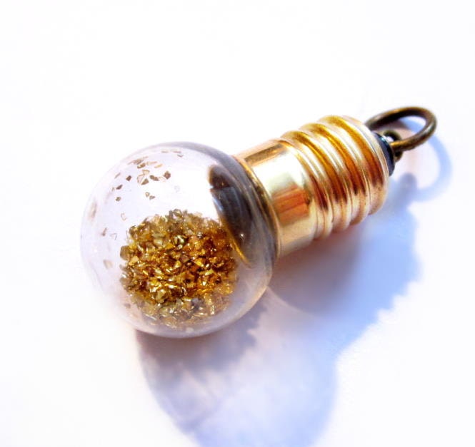 Vintage Gold Flake Pendant / Gold Glitter Light Bulb Charm