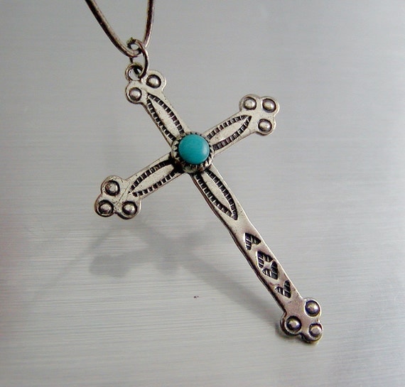 Southwestern Sterling Silver & Turquoise Cross Pendant Bell