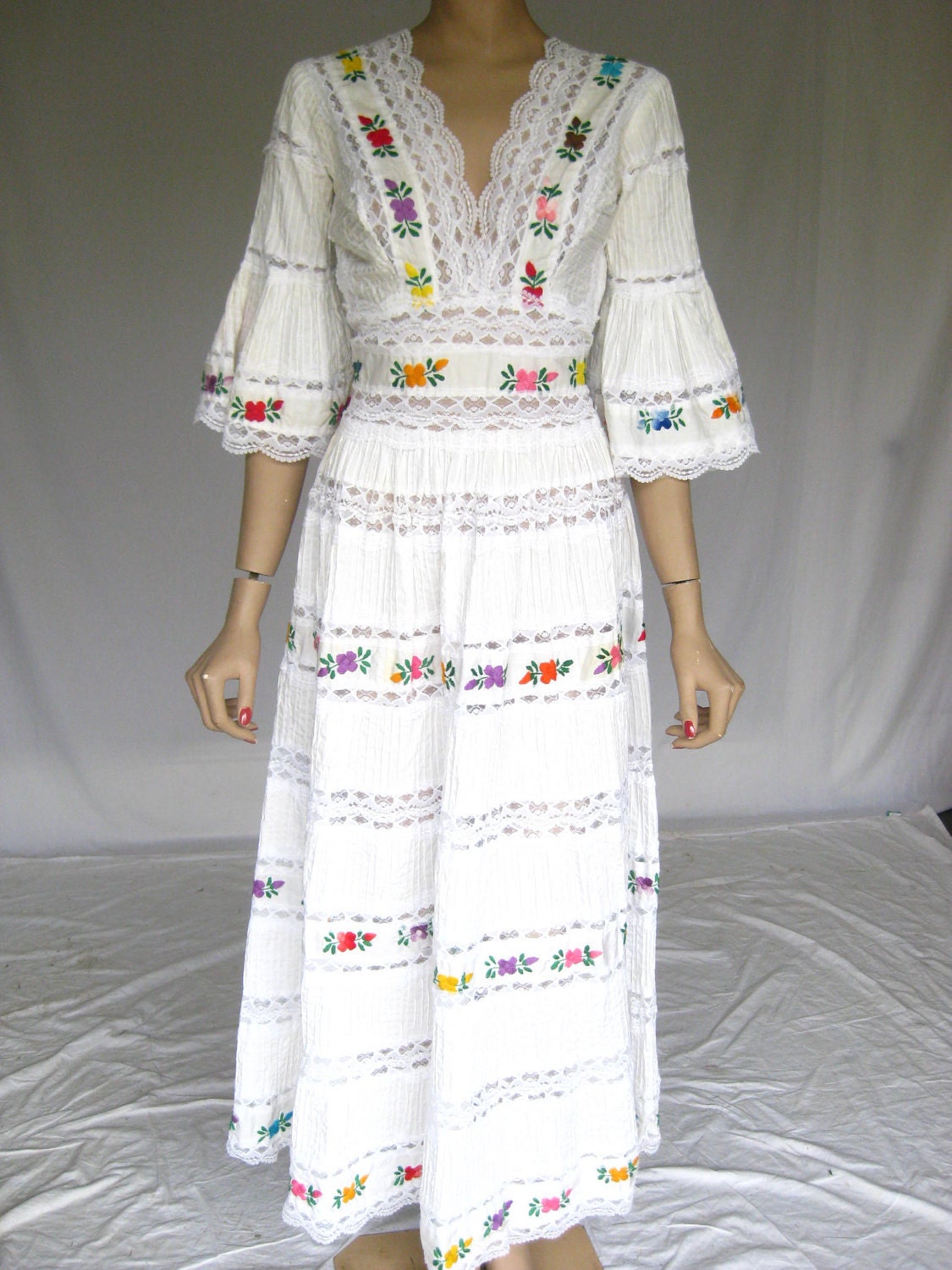 Vintage 1960s Mexican Embroidered Lace Wedding Dress