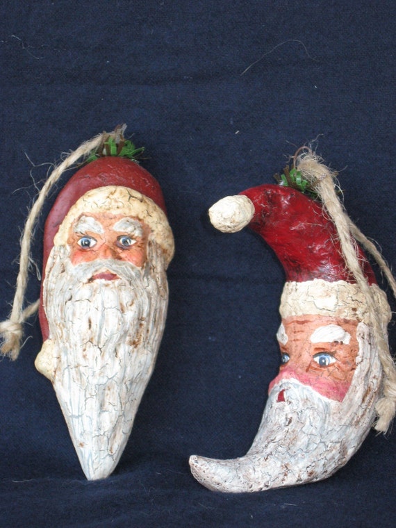 Items similar to Paper Mache Set of 2 Santa Head Ornaments on Etsy