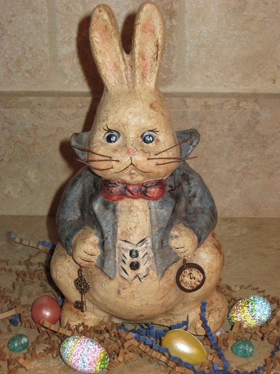 Paper Mache Pot Belly White Rabbit w/His Watch and Key