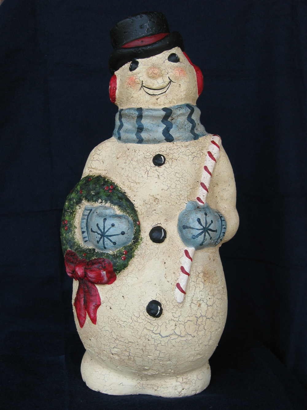 Paper Mache 13" Snowman w/Wreath and candy cane