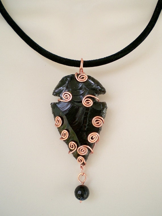 Wire Wrapped Arrowhead Pendant Necklace Obsidian Copper